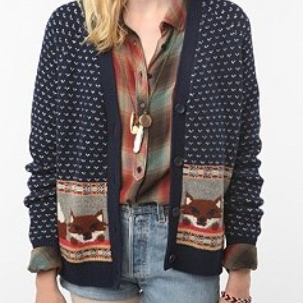 FOX CARDIGAN Cooperative Urban Outfitters Navy Cute Cottage Core sz L